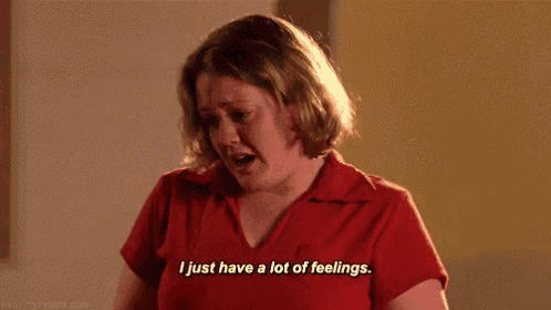 a woman is crying and saying i just have a lot of feelings .