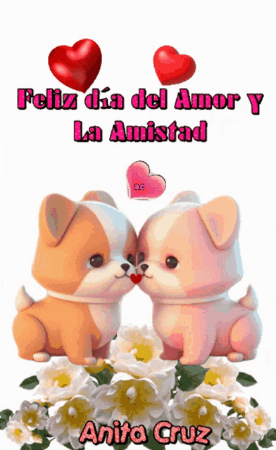 an animated picture of two dogs kissing with the words feliz dia del amor y la amistad