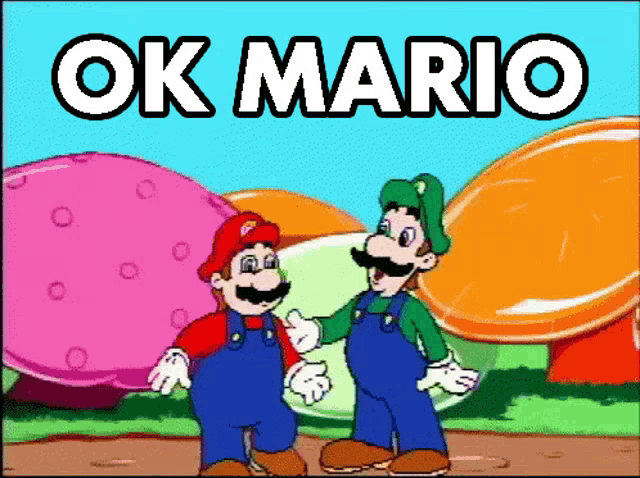 a cartoon of mario and luigi standing next to each other with the words " ok mario " above them