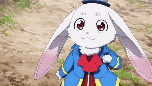a white rabbit with red eyes is wearing a blue coat and hat