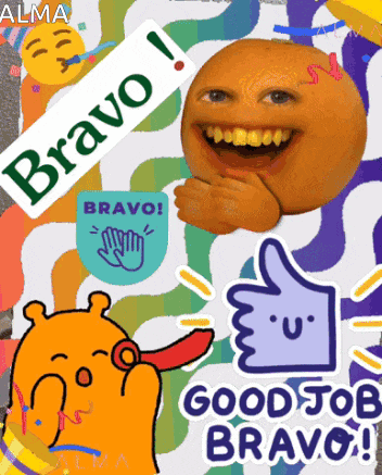 a collage of stickers with one that says bravo on it