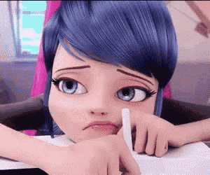a cartoon girl with blue hair and blue eyes is sitting at a desk with a pencil in her mouth .
