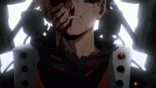 a man with blood on his face is wearing a black and red outfit
