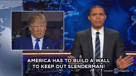 a man in a suit and tie says america has to build a wall to keep out slenderman ..