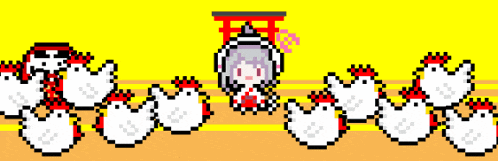 a pixel art of a girl surrounded by chickens and a torii gate