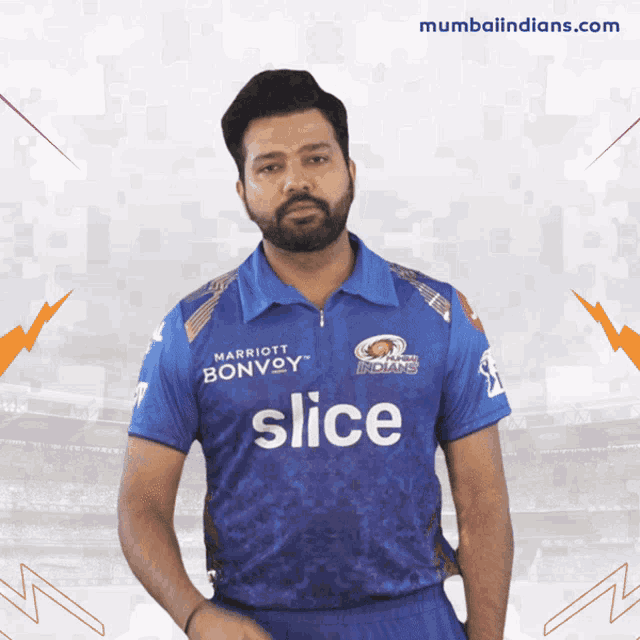 a man in a blue shirt that says slice