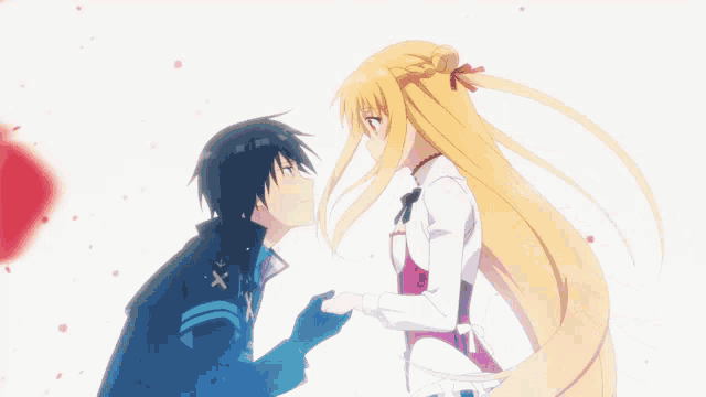 a boy and a girl are looking at each other with petals falling from the sky
