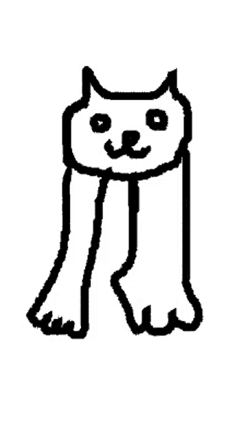 a black and white drawing of a cat with long legs and a mustache
