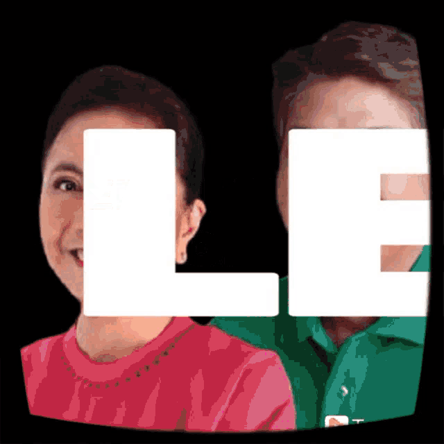 a man and a woman are standing next to each other with the letters l and e behind them