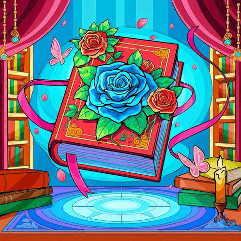 a book with blue roses and red roses on it