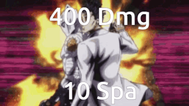 a man in a white coat is standing in front of a fire with the words 400 dmg 10 spa written on the bottom .