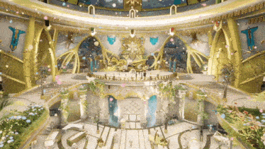a very large room with a circular staircase surrounded by flowers