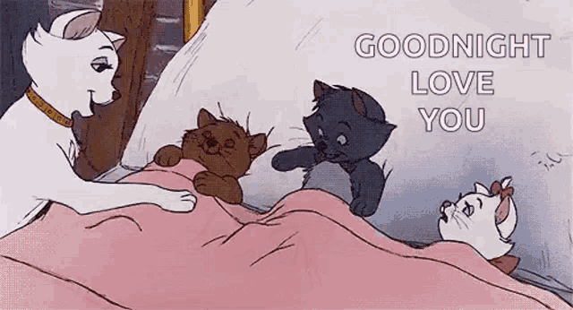a cartoon of a cat and two kittens laying on a bed with the words `` goodnight love you '' .