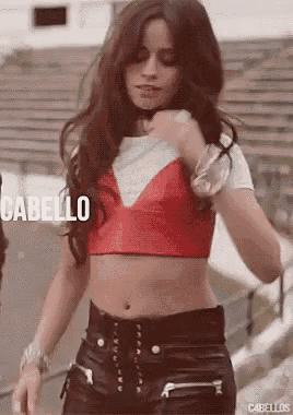 a woman wearing a red crop top and black leather pants is standing in front of a stadium .