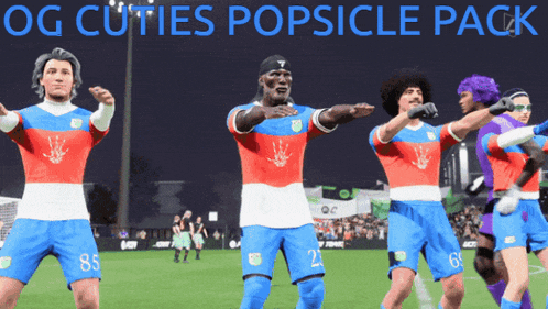 a group of soccer players on a field with the words og cuties popsicle pack on the bottom