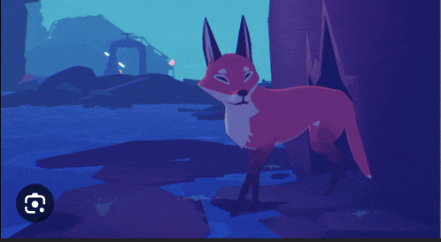 a pink and white fox is standing in a purple landscape