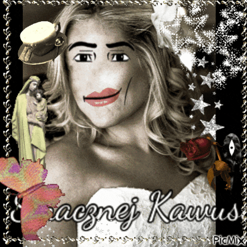 a black and white photo of a woman with the name kacznej kawus at the bottom