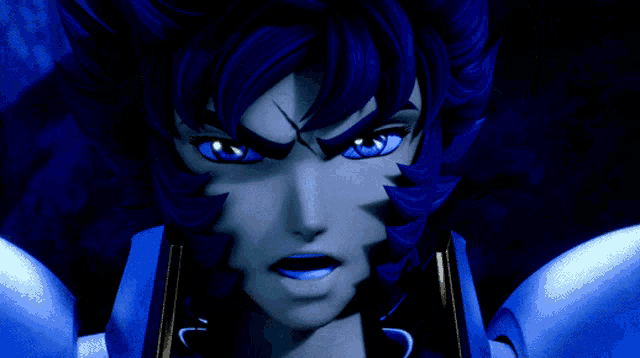 a close up of a person with blue hair and blue eyes