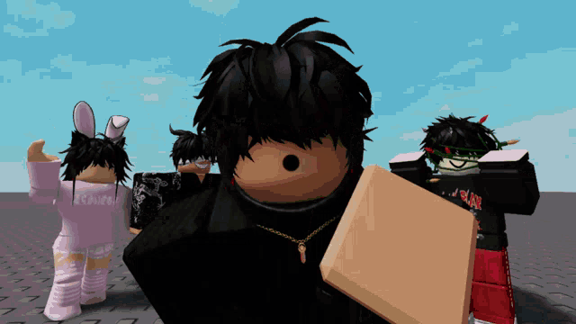 a group of roblox characters including a girl wearing a pink shirt that says bunny