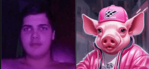 a picture of a man and a picture of a pig wearing a pink jacket