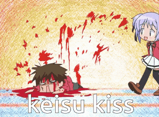a cartoon drawing of a boy laying on the ground with blood coming out of his mouth and the words keisu kiss