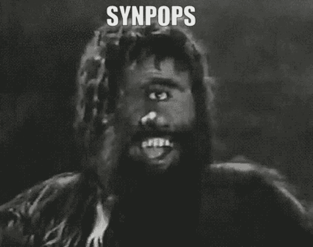 a black and white photo of a man with synpops written on the bottom right