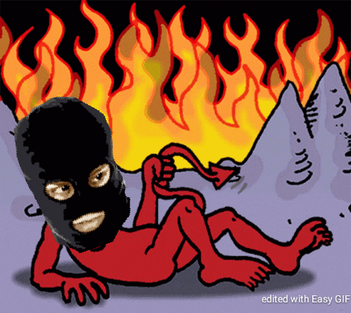 a cartoon of a man in a black mask laying on the ground with fire behind him