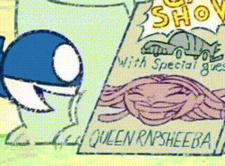 a cartoon character is standing next to a sign that says queen rasheeba