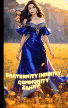 a woman in a blue dress is standing in a field