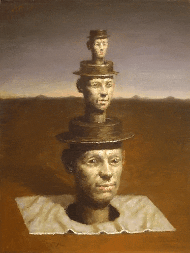 a painting of a man 's head with three hats on it