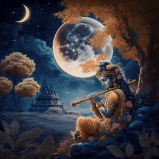 a painting of a man playing a flute in front of a crescent moon