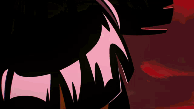 a close up of a cartoon character with pink eyes