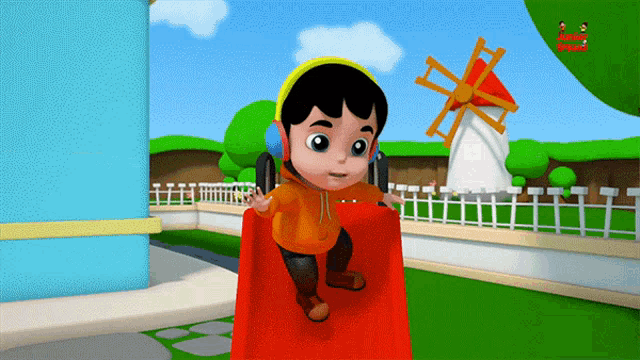 a cartoon of a boy going down a slide with a windmill in the background and a nickelodeon logo in the corner