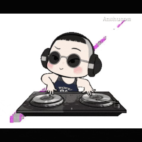 a cartoon of a man wearing headphones and sunglasses playing music on a turntable .