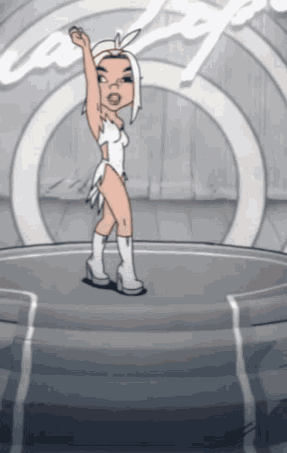 a cartoon drawing of a woman in a white dress and white boots