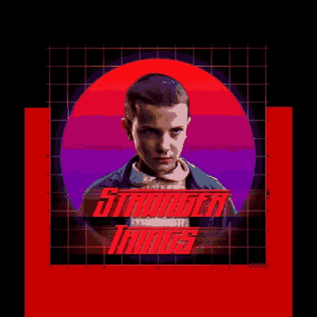 a pixel art of eleven from stranger things in a red circle