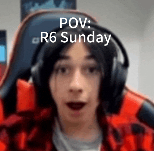 a person wearing headphones with the words pov r6 sunday on top of them