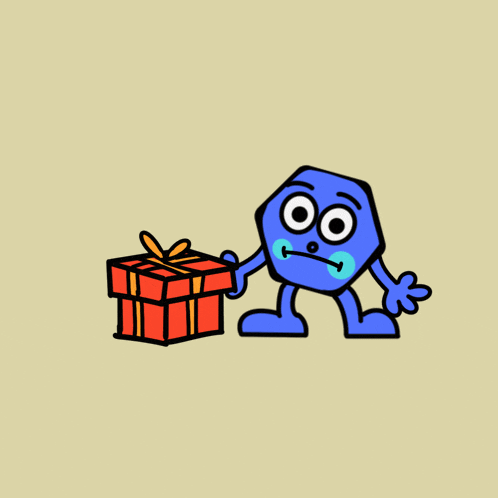 a cartoon drawing of a jester and a blue hexagon standing next to each other