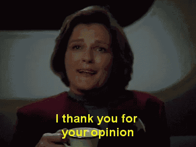 a woman is holding a cup of coffee and saying i thank you for your opinion