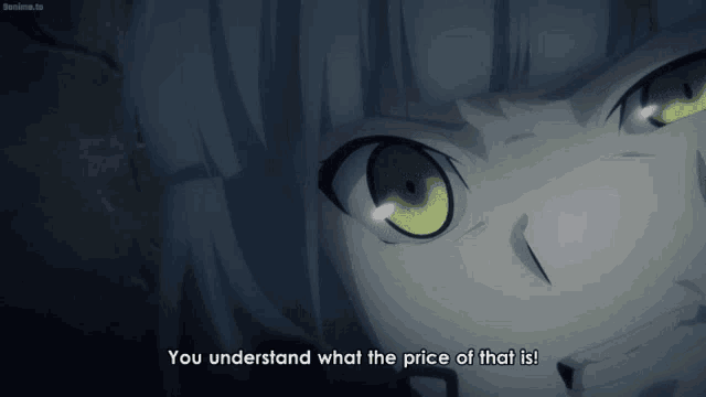 a close up of a person 's face with the words " you understand what the price of that is " below it