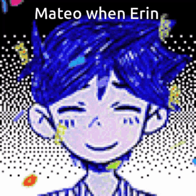 a pixel art of a boy with blue hair and the words mateo when erin