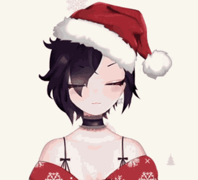 a girl wearing a santa hat and a red sweater with snowflakes
