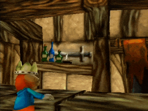 a cartoon character wearing a crown stands in front of a shelf with bottles and a sword