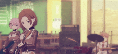 a group of anime girls are standing in front of a blackboard with numbers on it