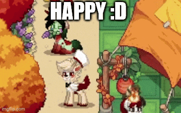 a pixel art of a pony standing next to a tent with the words `` happy : d '' above it .