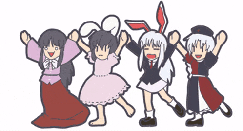 a group of cartoon characters are dancing together with their arms in the air