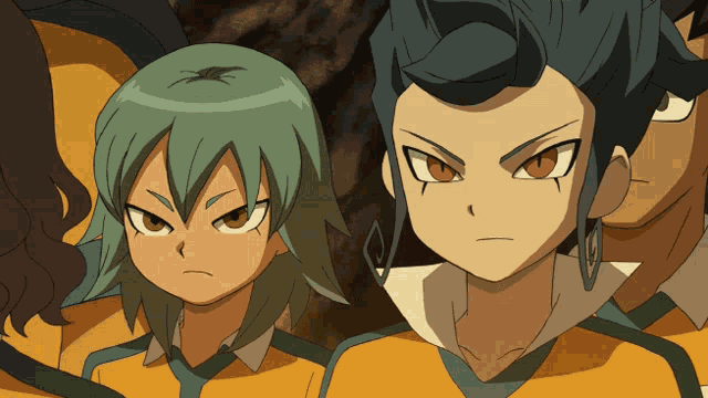 a group of anime characters are standing together and one of them has a black eye