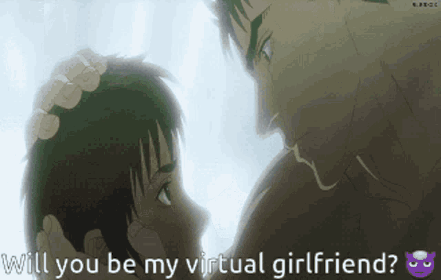 a man and woman are looking at each other with the words will you be my virtual girlfriend below them