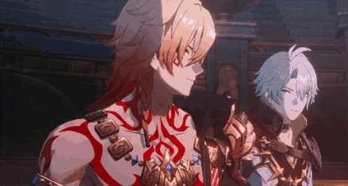 two anime characters are standing next to each other and one has a tattoo on his chest that says ' s ' on it