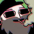 a cartoon of a man with a beard wearing sunglasses and a hat smoking a cigarette .